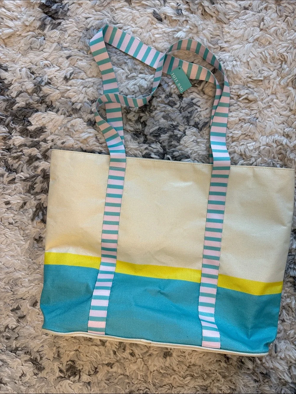 Canvas Beach Tote with hat holder and Striped Handles - Yellow & Teal Accent